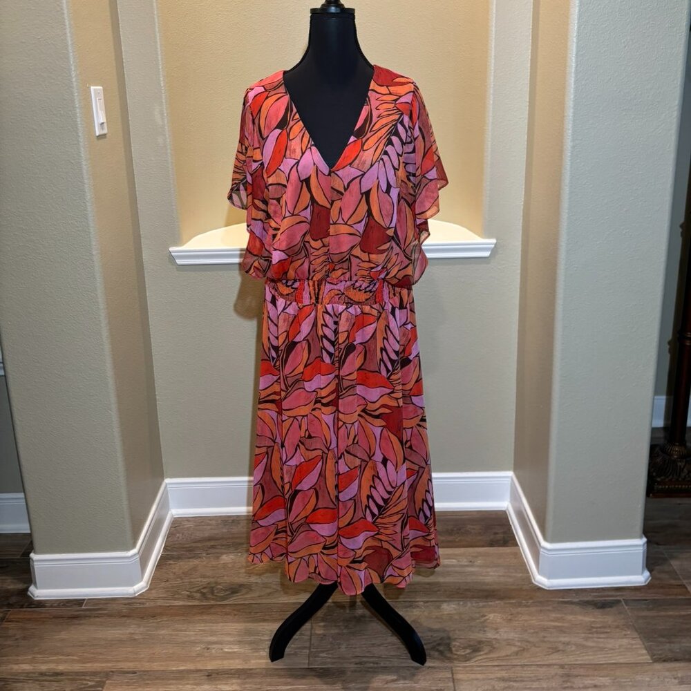 🧡DKNY Red Orange Floral Tropical Flowy Colorful Plunging Neckline Dress Size 14